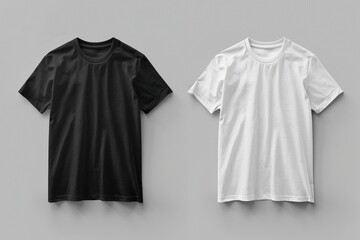 Wall Mural - Two t-shirts, one black and one white, are displayed on a grey background