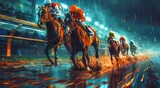 Fototapeta  - Two Jockeys Racing Horses in the Rain