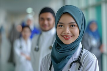 Sticker - A woman wearing a blue scarf and a white lab coat is smiling at the camera