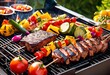 illustration, sizzling bbq grill delicious grilled meat vegetables outdoors,  smoky,  flames,  cooking,  hot,  charcoal,  barbecue,  tasty,  smoked,  grilling