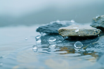 Close-up of a series of water droplets cascading down the surface of a sleek, reflective stone, capturing the beauty of nature in motion, minimalistic style