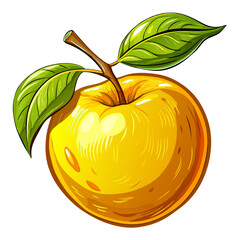 Illustration of a yellow apple with leaves on a white background.