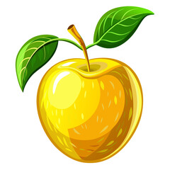 Wall Mural - Illustration of a yellow apple with leaves on a white background.