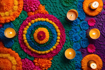 Wall Mural - Top view of colourful rangoli patterns and candle background design.