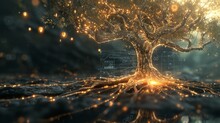 Enigmatic Digital Tree Illuminating A Dark Space With Golden Light And Particles.