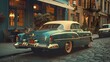 Vintage Car Parked on Cobblestone Street at Twilight - Generative AI