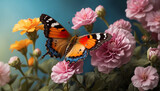 Fototapeta Kwiaty - A butterfly with orange, black, and blue wings is perched on a pink flower. There are other flowers in the background.