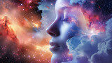 Fototapeta Kosmos - Charming womans face is enveloped by clouds and twinkling stars, creating a surreal and magical atmosphere