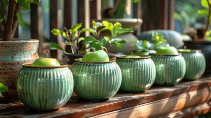 Wall Mural - a row of green vases sitting on top of a window sill filled with green apples and green leaves.