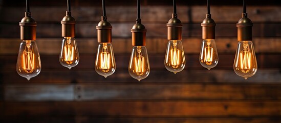 Sticker - A row of light fixtures with glass bulbs hangs from the ceiling in front of a wooden wall, creating a warm ambiance for the event