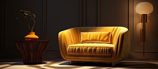 Wall Mural - A cozy yellow couch is placed in a dimly lit room next to a wooden table and a lamp. The room also features automotive lighting and a window for natural light