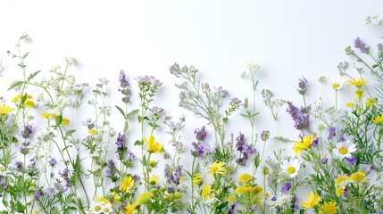 Wall Mural - A floral arrangement of wildflowers arranged vertically along a wall or neatly arranged on a surface. Natural background. Illustration for cover, card, postcard, poster, brochure or presentation.