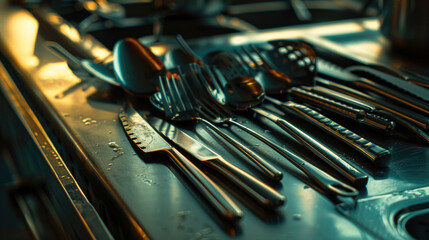 Poster - A collection of silverware on a kitchen counter. Suitable for kitchen and dining related designs