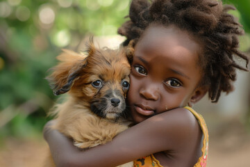 Wall Mural - A little girl holding a small dog in her arms. Suitable for various pet-related themes