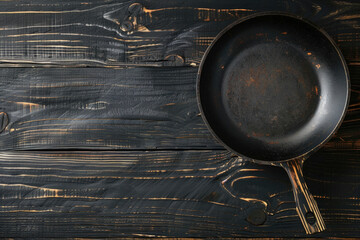 Wall Mural - A frying pan on a wooden table, perfect for cooking or kitchen concepts