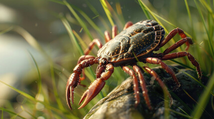 Poster - A crab perched on a rock in the grass. Suitable for nature and wildlife concepts