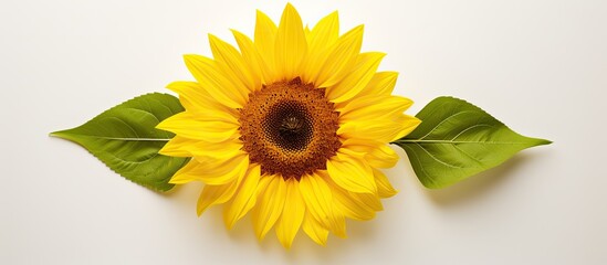 Wall Mural - A sunflower, a flowering plant and an annual plant, with two green leaves, situated on a white background. Perfect for bouquets or cut flowers