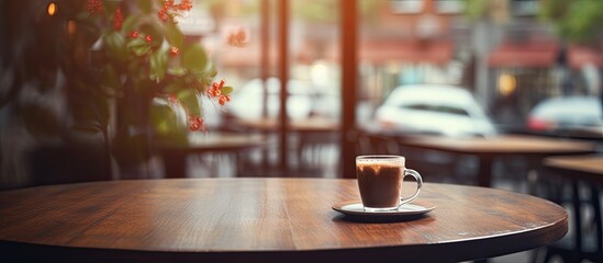 Poster - A coffee cup is placed on a hardwood table inside a cafe building, near a window. The tableware rests on the wooden flooring, adding to the cozy atmosphere