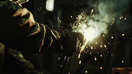 Poster - A man welding metal with sparks flying in the dark. Suitable for industrial and construction concepts