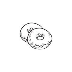 Two realistic donuts with chocolate topping glaze in black isolated on white background. Hand drawn vector sketch illustration in doodle engraved line art style. Lunch, coffee break, menu, cafe.