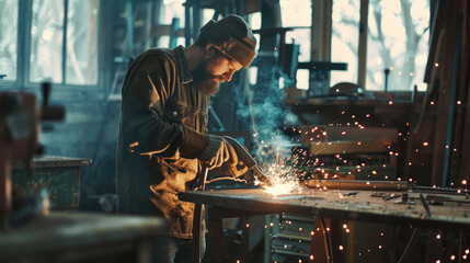 Poster - A man is working on a piece of metal. Suitable for industrial and craftsmanship concepts
