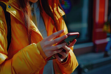 Poster - A woman in a yellow jacket texting on her cell phone. Suitable for technology concepts