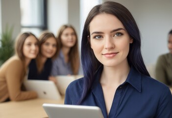 Poster - Young woman leading a meeting with colleagues in the background.