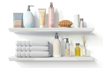 Poster - A bathroom shelf filled with various personal care products. Perfect for illustrating hygiene and self-care concepts