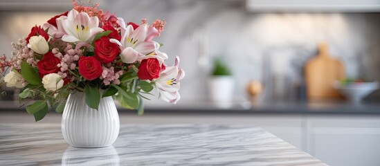 Canvas Print - An elegant vase holding a mix of red and white flowers serves as a beautiful centerpiece on a kitchen table, enhancing the room with a touch of nature and color