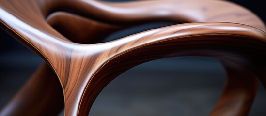 Canvas Print - A detailed closeup of a brown wooden chair against a black background, showcasing the intricate patterns and shades of the wood material, accented with metal elements like titanium and steel