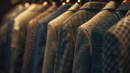 Sticker - A row of men's shirts hanging on a rack. Suitable for fashion or retail concepts