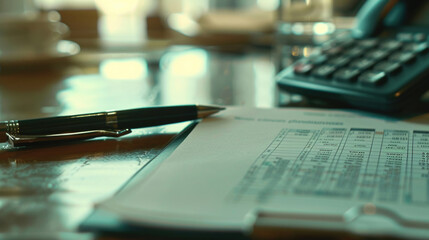 Poster - Office supplies on desk with calculator, pen, and paper