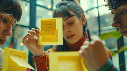 Poster - A group of people sitting around a table with sticky notes. Suitable for office meetings and brainstorming sessions