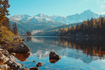 Poster - Tranquil scene of a lake surrounded by trees and mountains. Suitable for travel brochures