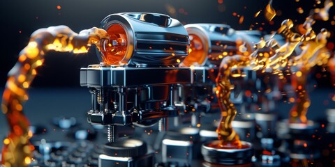 Aufkleber - Slick Precision: Glistening Oil Cascades over Mechanical Gears, Ensuring Smooth Operation and Preserving the Lifespan of Machinery, Generative AI