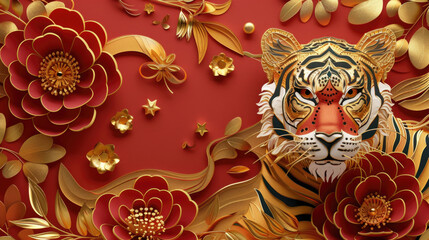 Canvas Print - Paper cut of a tiger surrounded by colorful flowers. Suitable for various craft projects