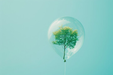 Poster - A tree enclosed in a transparent bubble, floating in the sky. Suitable for various creative concepts