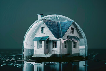 Poster - Miniature house model displayed under glass dome on table. Ideal for real estate or home decor concepts