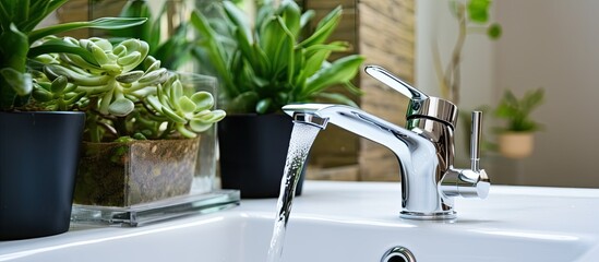 Canvas Print - A plumbing fixture in a bathroom with water flowing from the tap into the sink, surrounded by houseplants in the background