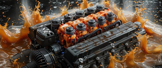Aufkleber - Machinery in Motion: A Close-Up of Engine Oil Providing Lubrication and Precision to the Intricate Mechanics of Automotive Technology, Generative AI