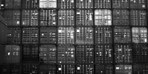 Poster - A black and white photo of a group of shipping containers. Ideal for industrial, transportation, or logistics concepts