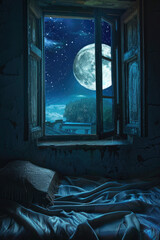 Aufkleber - A window with a view of a full moon. Suitable for night sky or celestial themes