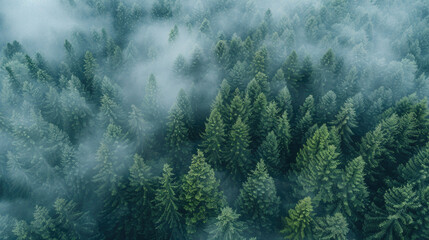 Poster - Aerial view of a forest covered in fog, perfect for nature and landscape themes.