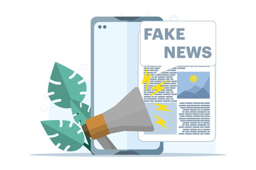 concept of fake news, information, social media news, hoax, propaganda, screen template for mobile smart phone, megaphone and mobile. flat vector illustration for website landing page.