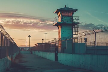 Isolated guard watch tower standing tall in the prison complex