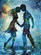 Ein verliebtes Paar tanzt im Sternenregen einen ausgelassenen Tanz. KI generiert.