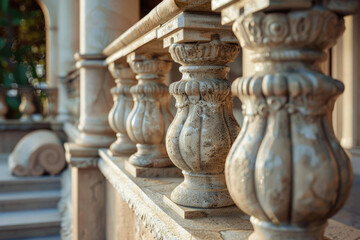 Poster - A close up of a railing with a building in the background. Suitable for architectural and urban themes