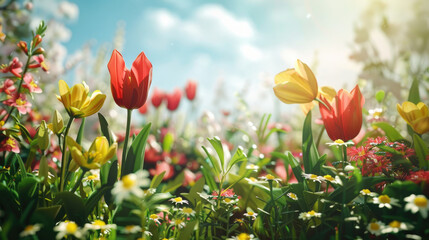 Poster - Beautiful field of colorful flowers with a clear blue sky in the background. Perfect for nature and outdoor concepts
