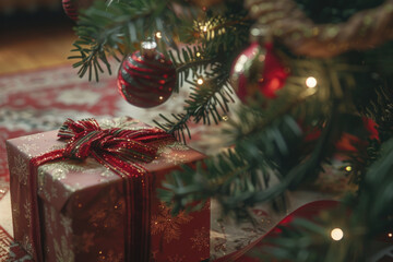 Aufkleber - A festive Christmas present under a beautifully decorated tree. Perfect for holiday concepts