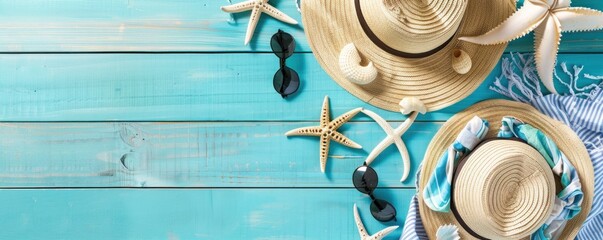 beach accessories for holidays placed on wooden table.